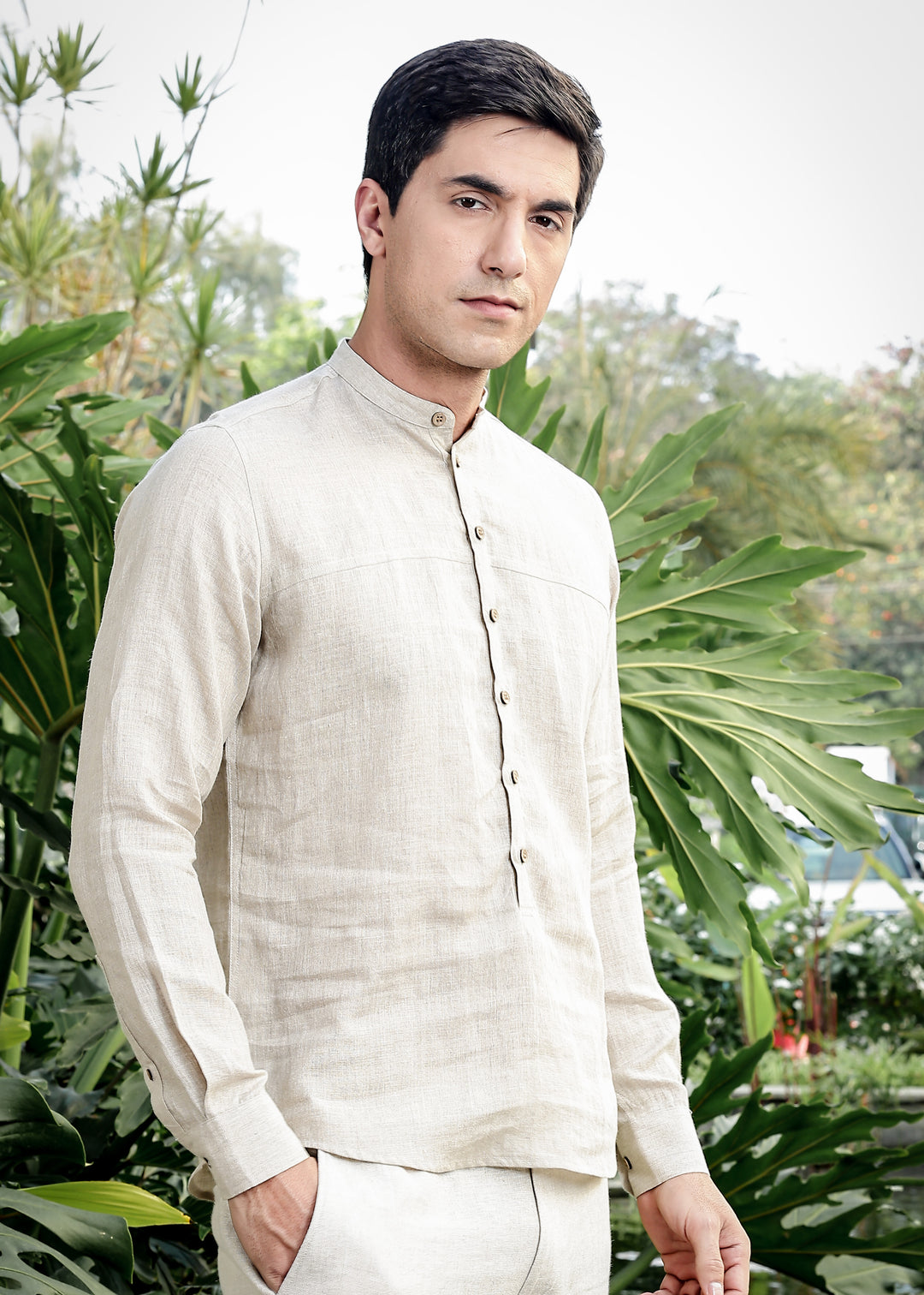 Sarang - Pure Linen Deep Placket Premium Full Sleeve Men's Kurta - Ecru