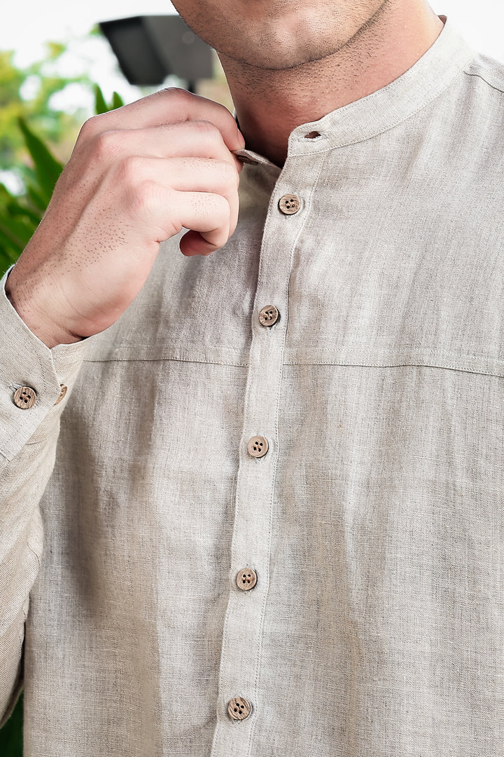Sarang - Mandarin Collar Deep Placket Pure Linen Short Kurta - Ecru