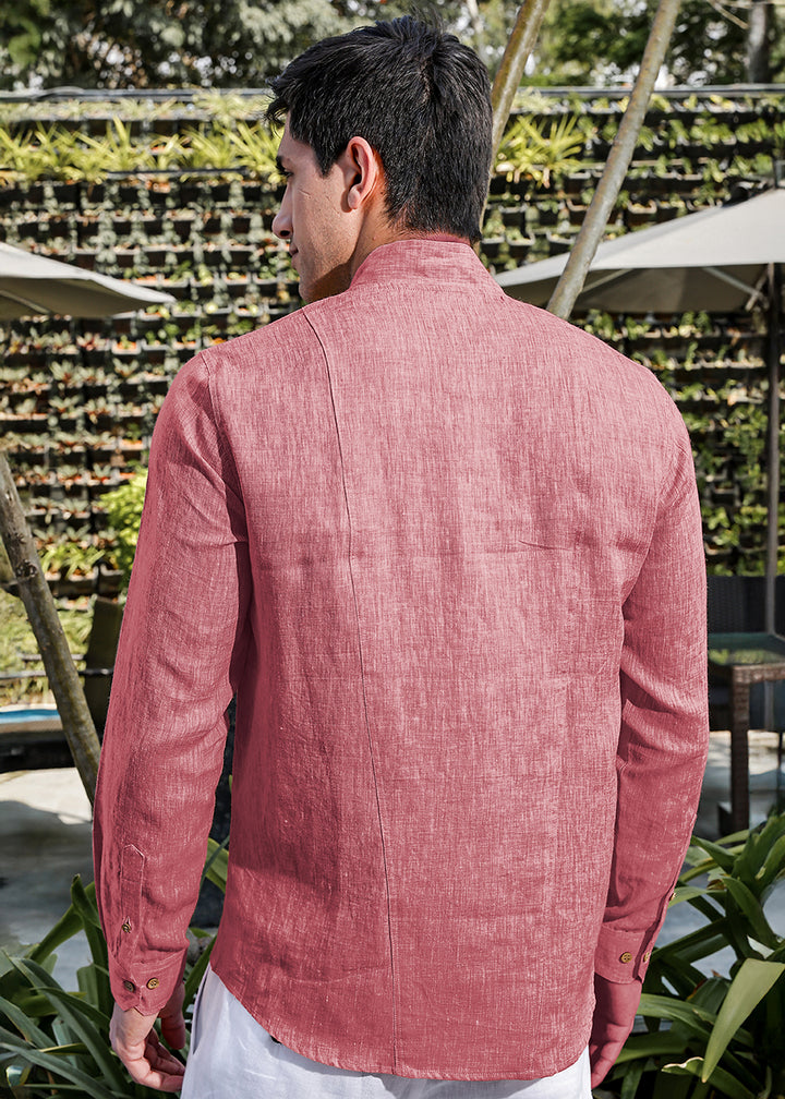 Beckham - Stylized Mandarin Box Collar Shirt - Red Chambray