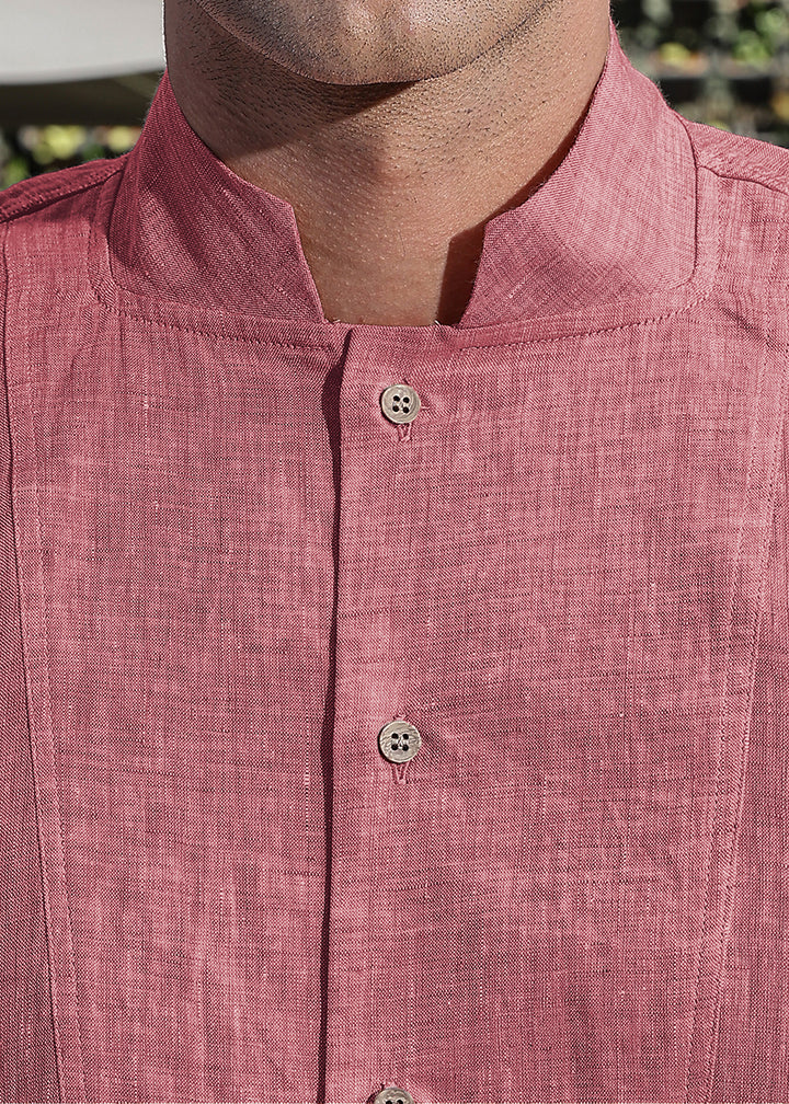 Beckham - Stylized Mandarin Box Collar Shirt - Red Chambray