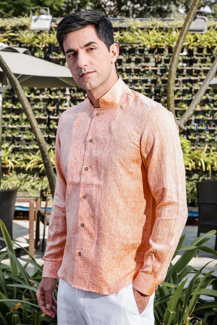 Beckham - Stylized Mandarin Box Collar Shirt - Orange Chambray