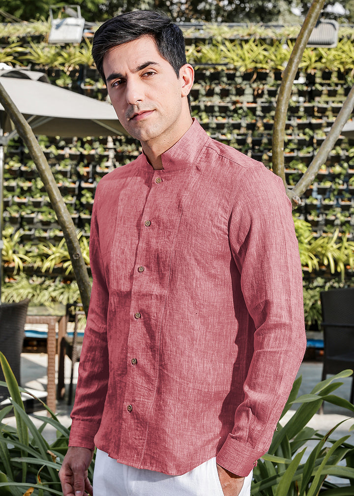 Beckham - Stylized Mandarin Box Collar Shirt - Red Chambray