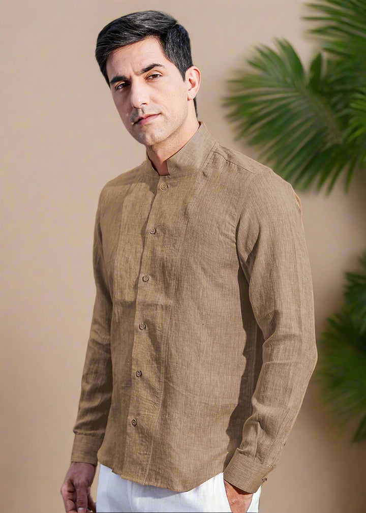 Beckham - Stylized Mandarin Box Collar Shirt - Mocha