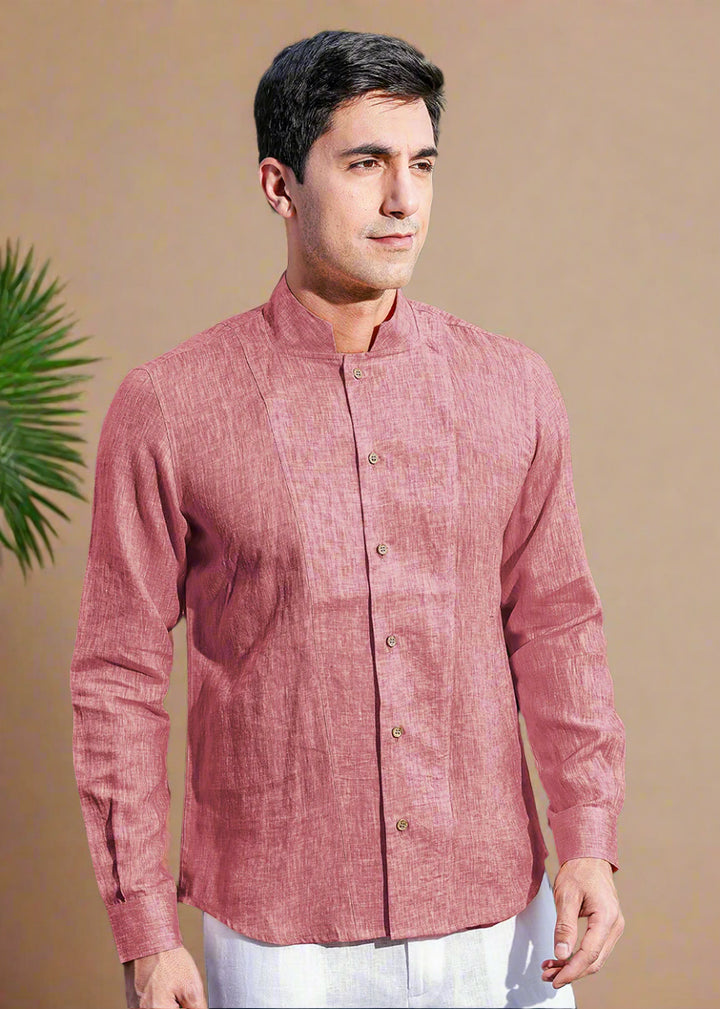 Beckham - Stylized Mandarin Box Collar Shirt - Red Chambray