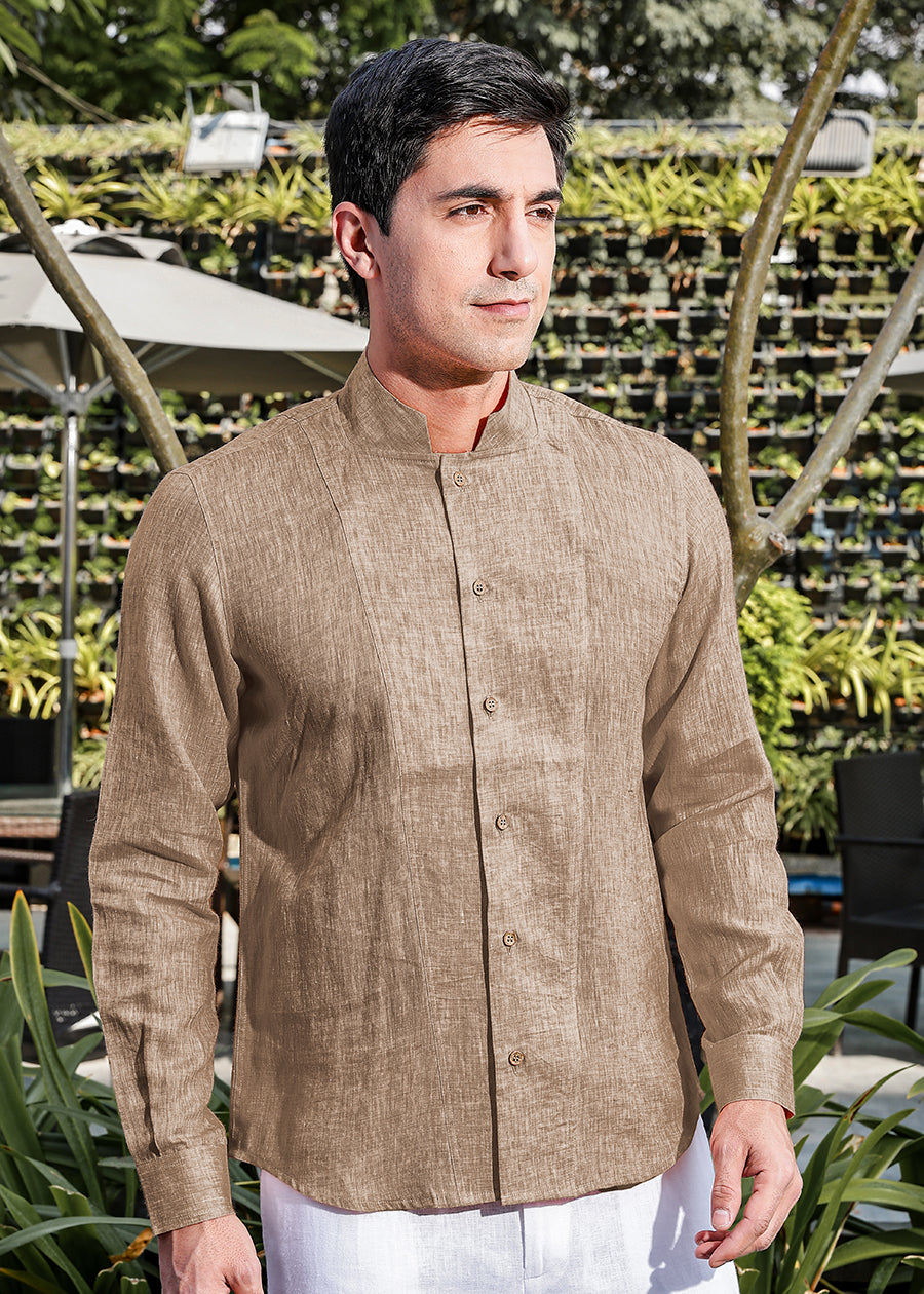 Beckham - Stylized Mandarin Box Collar Shirt - Mocha