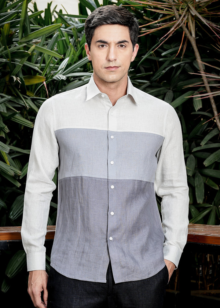 Woods - Pure Linen Color Block Point Collar Shirt - Light Grey, Slate Grey & Charcoal Grey