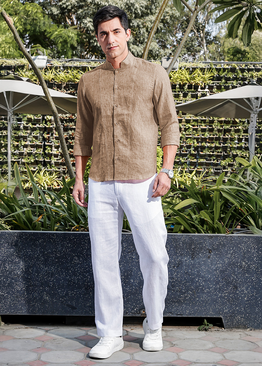Beckham - Stylized Mandarin Box Collar Shirt - Mocha