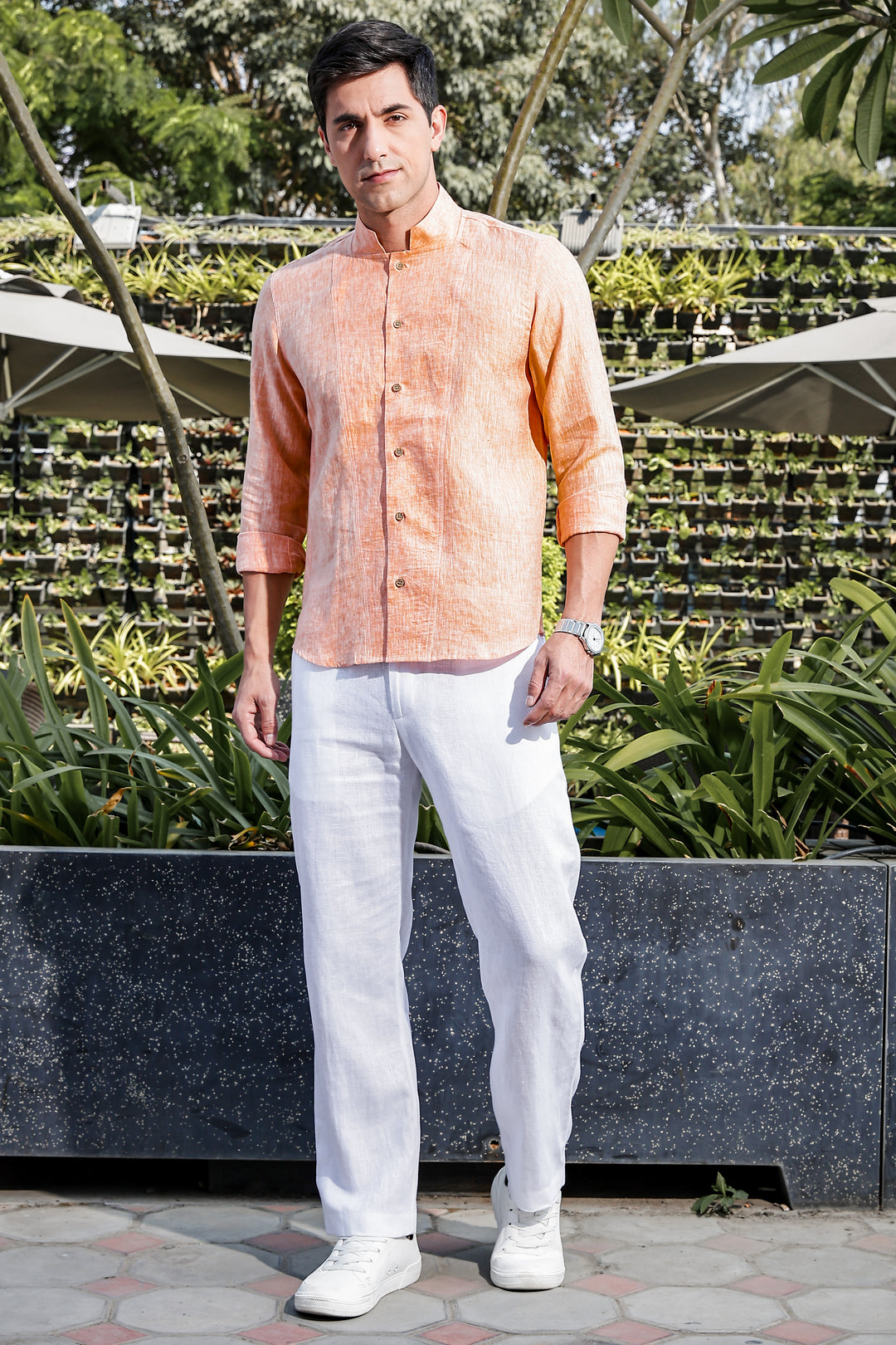 Beckham - Stylized Mandarin Box Collar Shirt - Orange Chambray