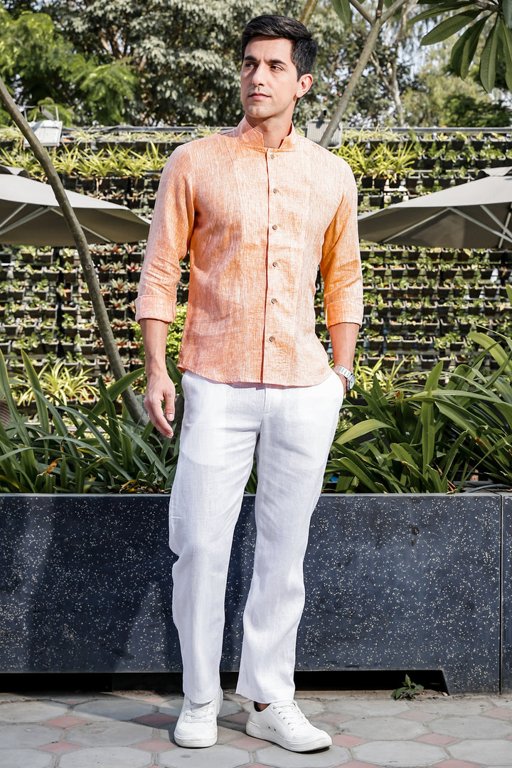 Beckham - Stylized Mandarin Box Collar Shirt - Orange Chambray