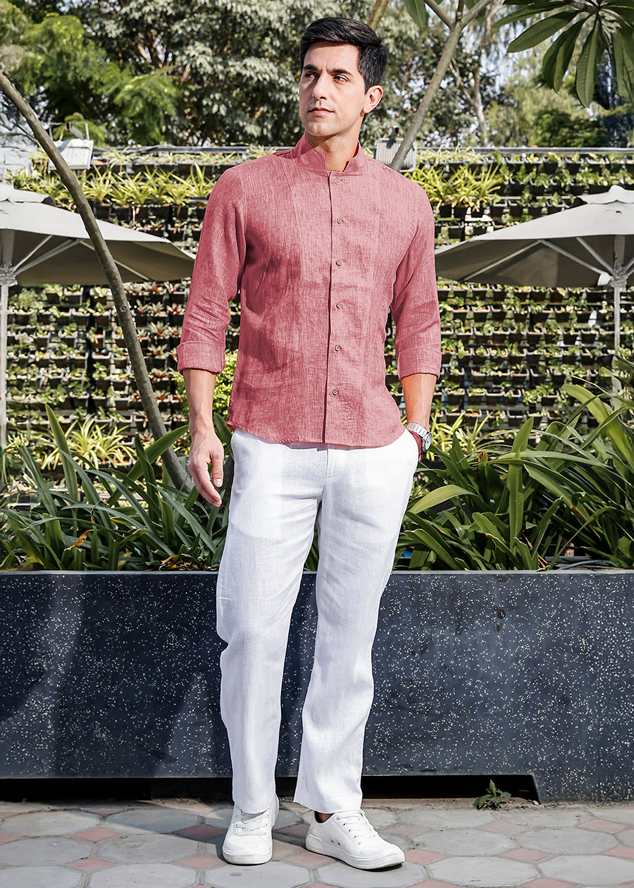 Beckham - Stylized Mandarin Box Collar Shirt - Red Chambray