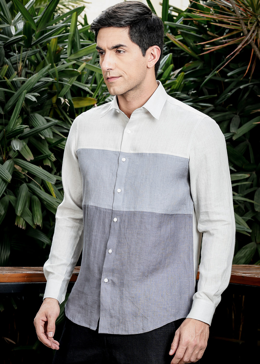 Woods - Pure Linen Color Block Point Collar Shirt - Light Grey, Slate Grey & Charcoal Grey