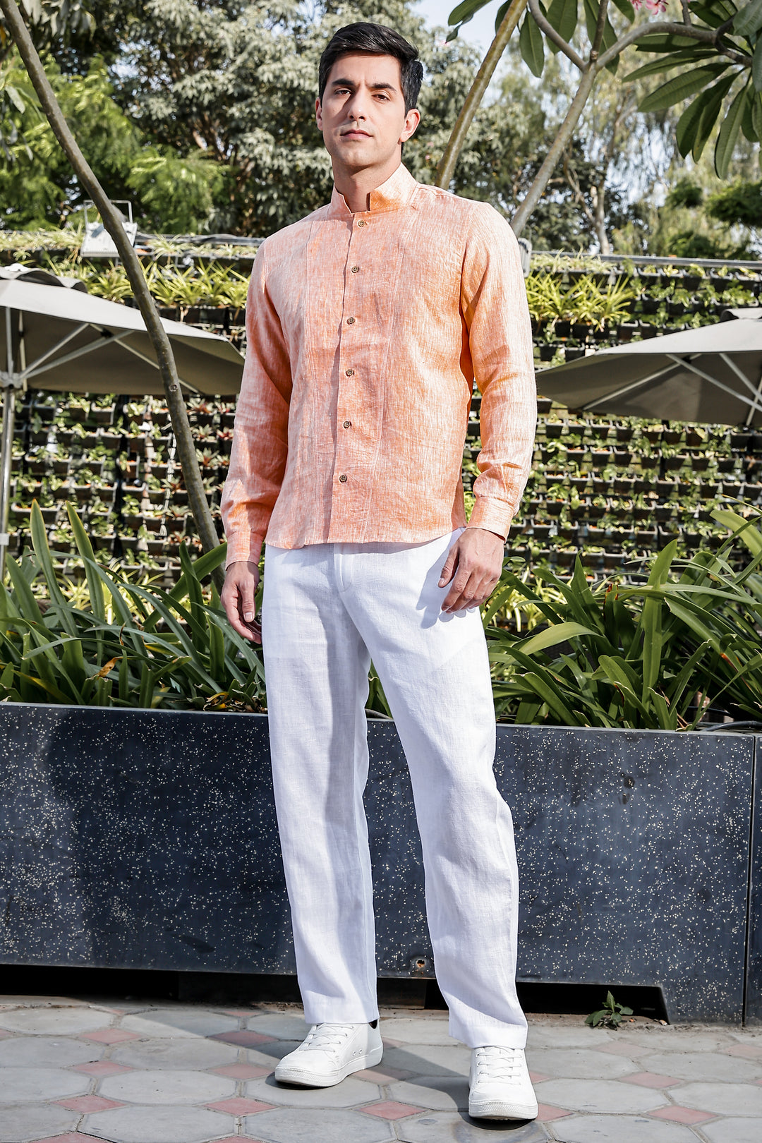 Beckham - Stylized Mandarin Box Collar Shirt - Orange Chambray