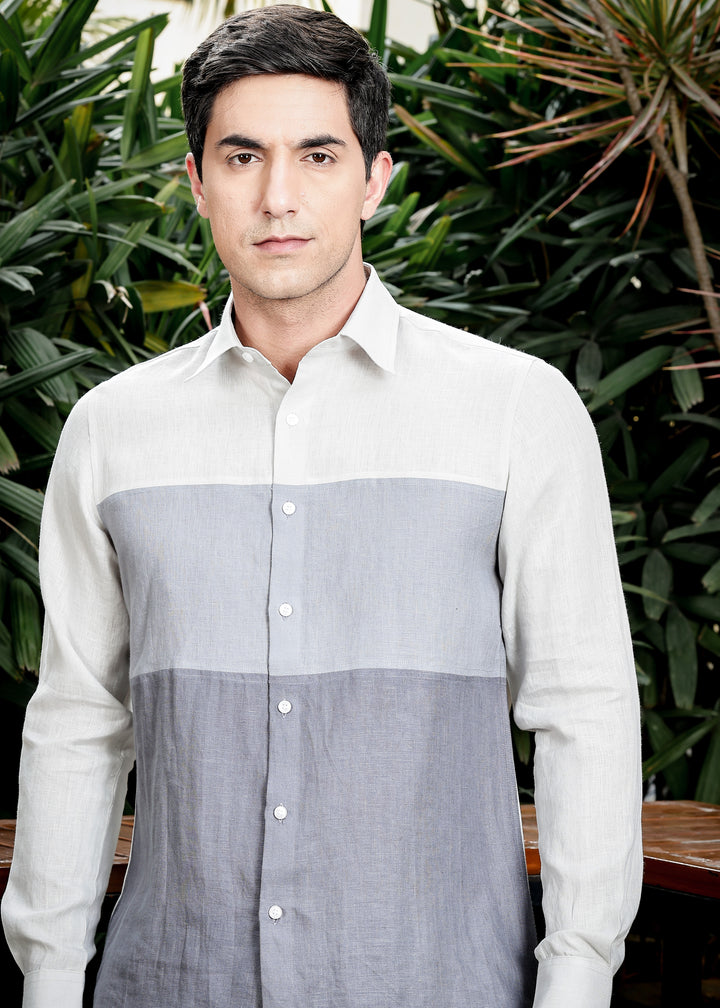 Woods - Pure Linen Color Block Point Collar Shirt - Light Grey, Slate Grey & Charcoal Grey