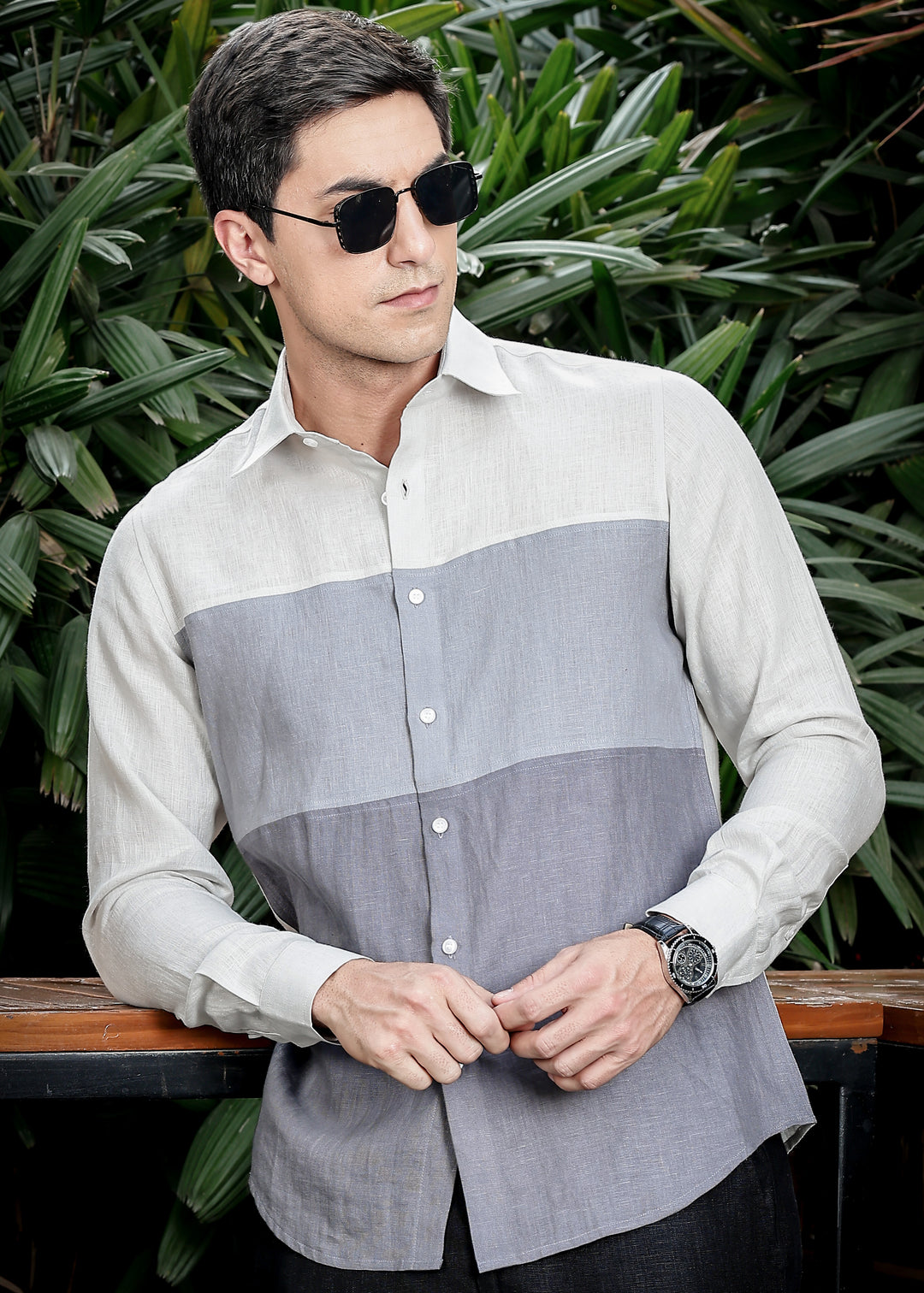 Woods - Pure Linen Color Block Point Collar Full Sleeve Shirt - Light Grey, Slate Grey & Charcoal Grey