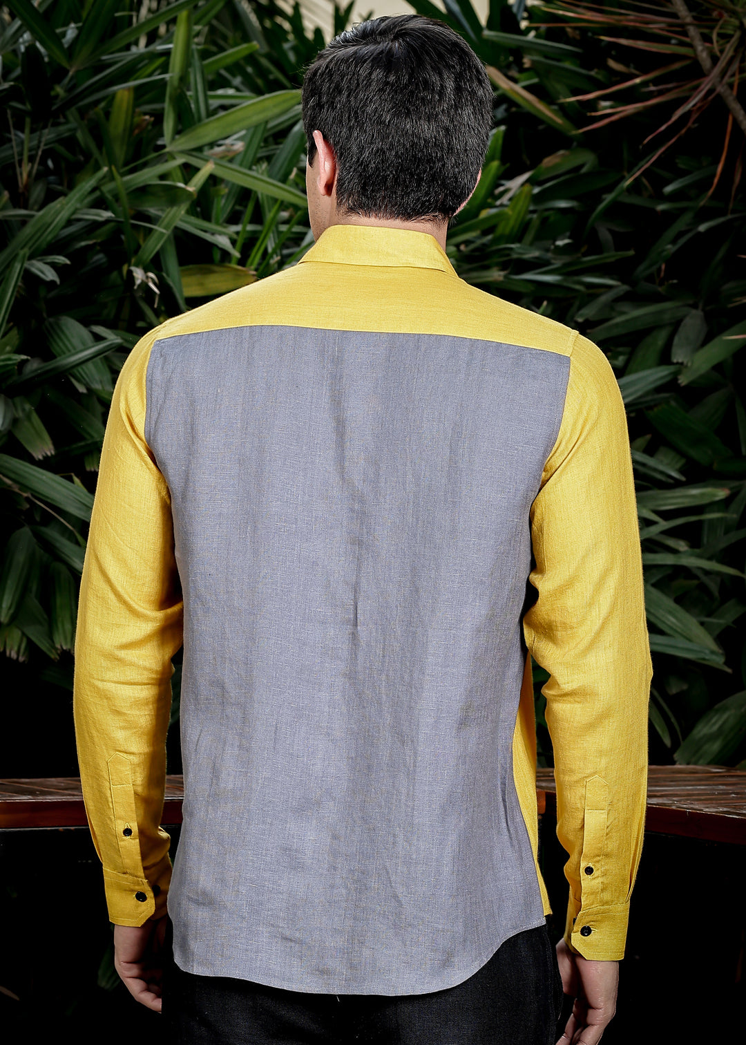 Fleck- Full Sleeve Pure Linen Color Block Shirt - Spicy Mustard & Charcoal