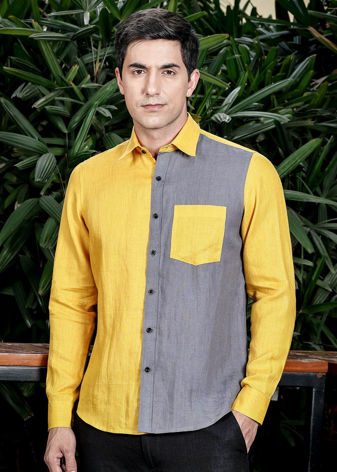 Fleck- Full Sleeve Pure Linen Color Block Shirt - Spicy Mustard & Charcoal