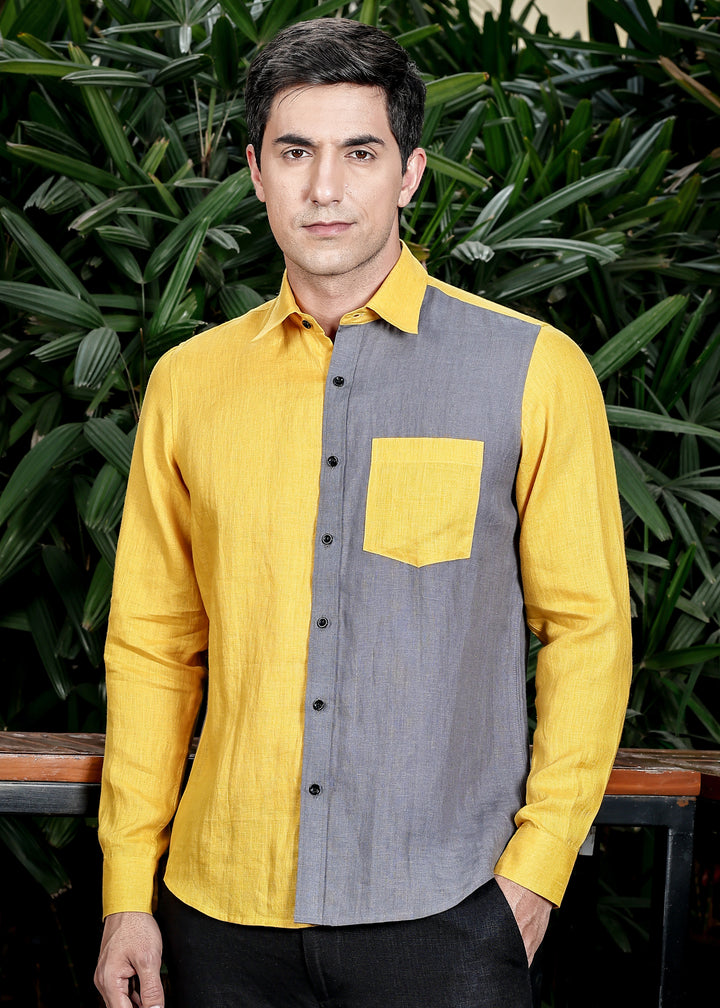 Fleck- Full Sleeve Pure Linen Color Block Shirt - Spicy Mustard & Charcoal