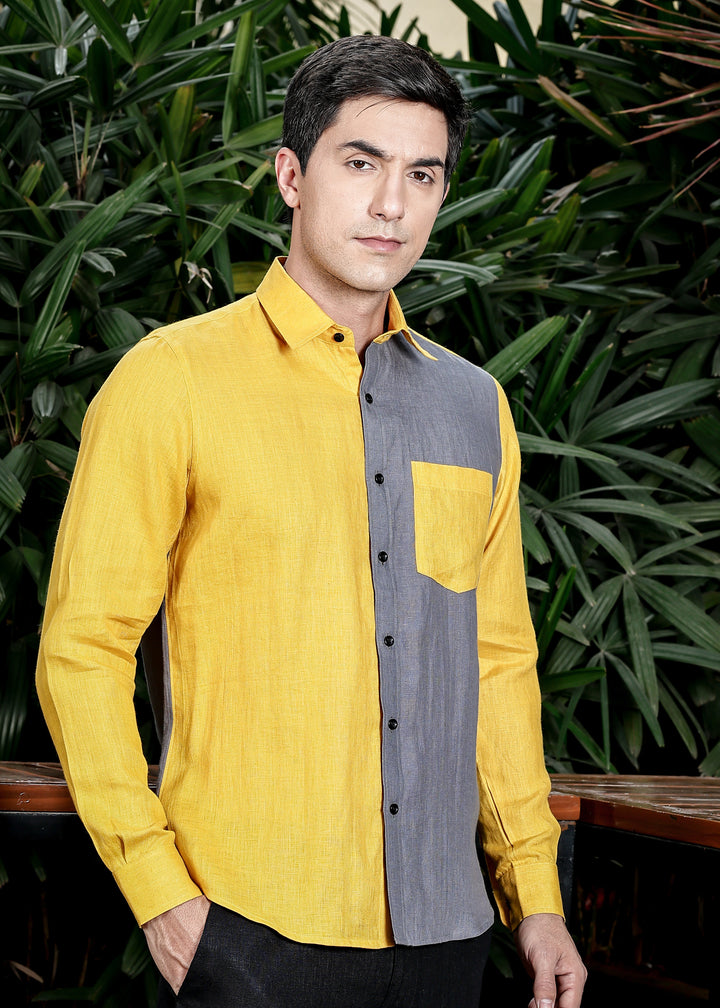 Fleck- Full Sleeve Pure Linen Color Block Shirt - Spicy Mustard & Charcoal