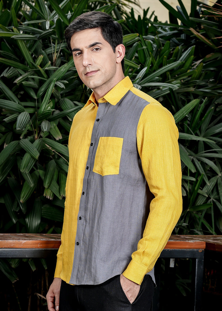 Fleck- Full Sleeve Pure Linen Color Block Shirt - Spicy Mustard & Charcoal