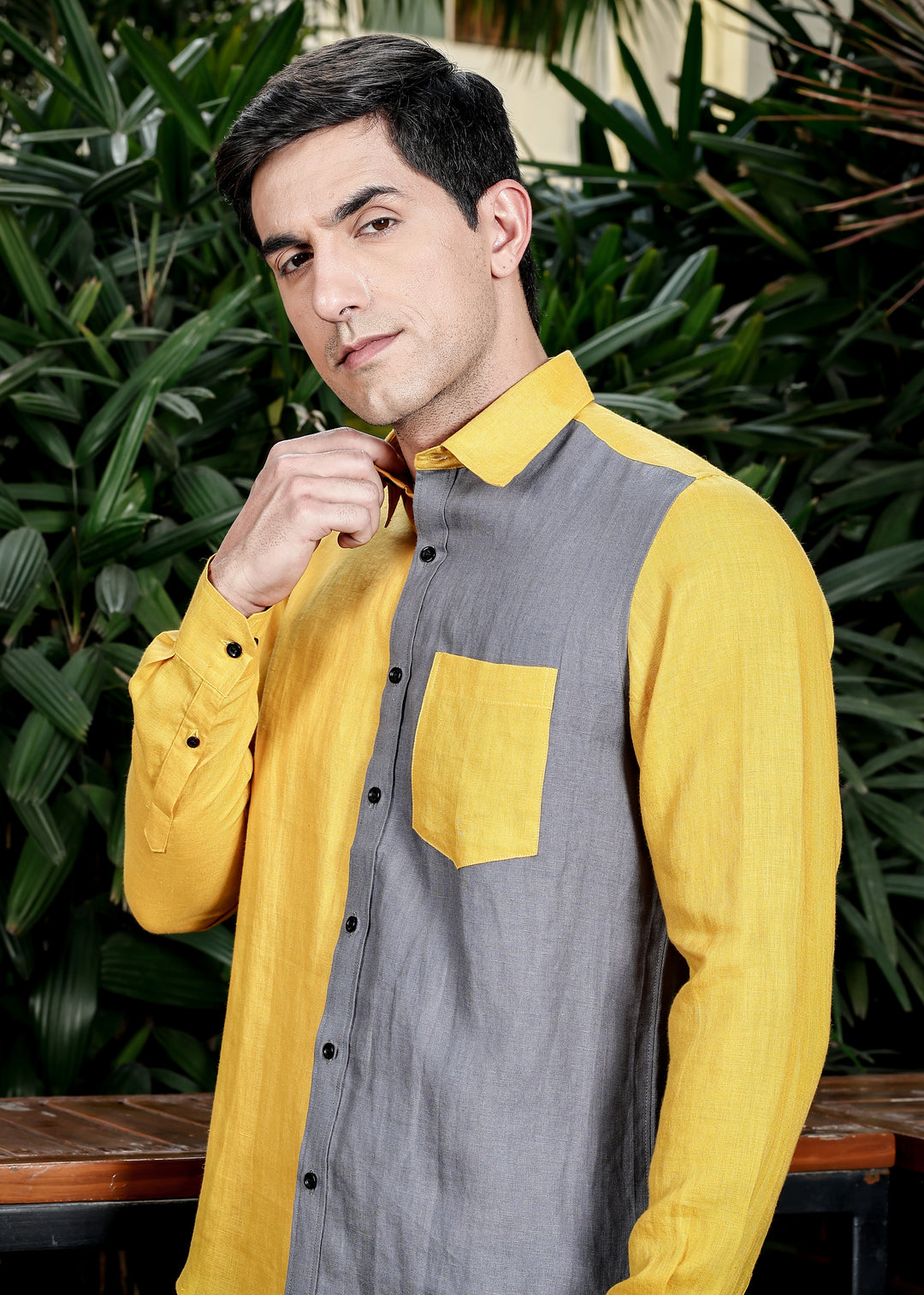 Fleck- Full Sleeve Pure Linen Color Block Shirt - Spicy Mustard & Charcoal