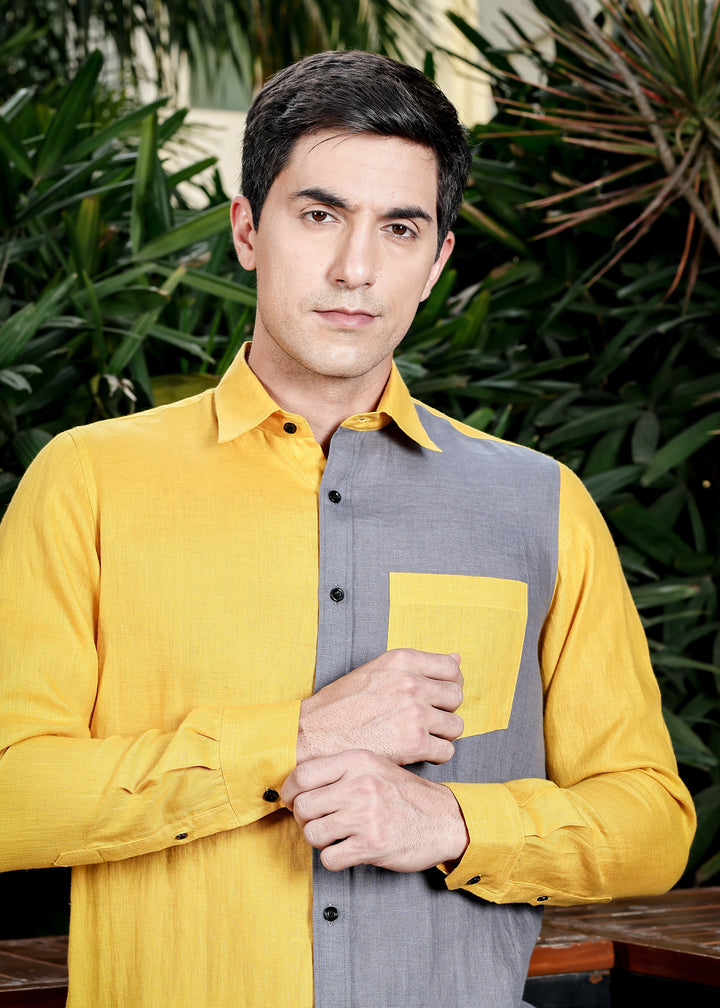 Fleck- Full Sleeve Pure Linen Color Block Shirt - Spicy Mustard & Charcoal