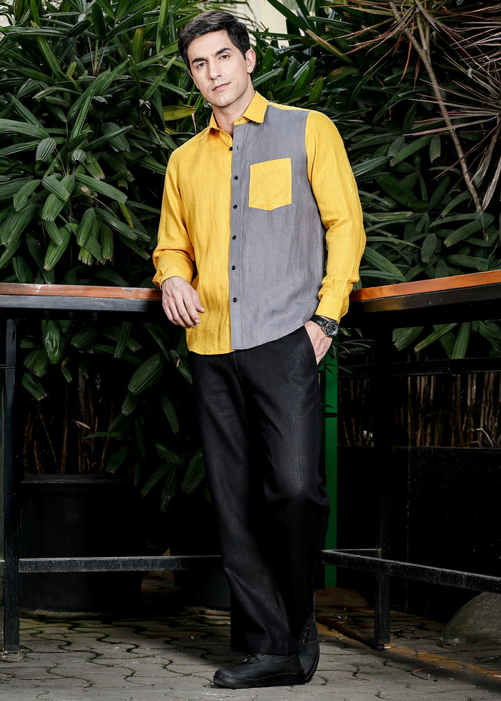 Fleck- Full Sleeve Pure Linen Color Block Shirt - Spicy Mustard & Charcoal