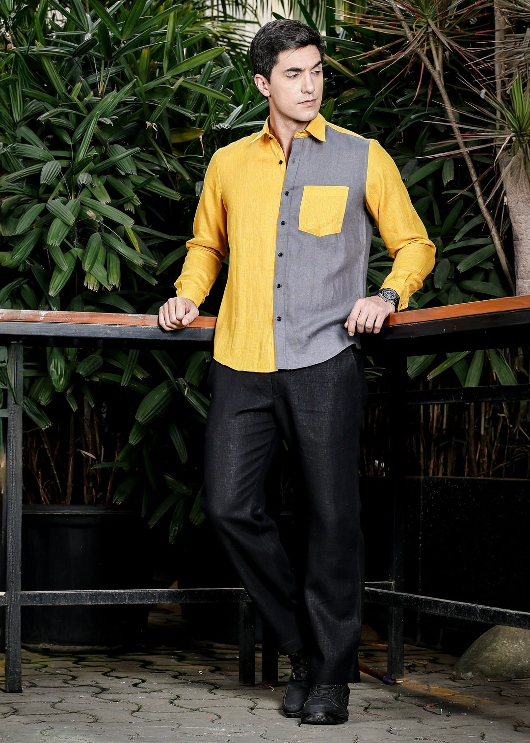 Fleck- Full Sleeve Pure Linen Color Block Shirt - Spicy Mustard & Charcoal