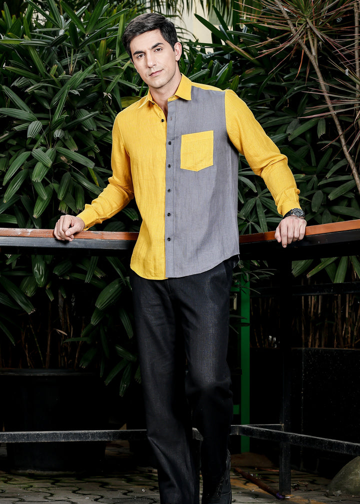 Fleck- Full Sleeve Pure Linen Color Block Shirt - Spicy Mustard & Charcoal