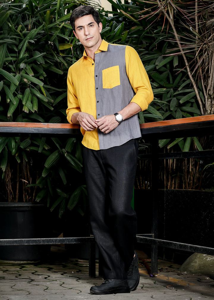 Fleck- Full Sleeve Pure Linen Color Block Shirt - Spicy Mustard & Charcoal