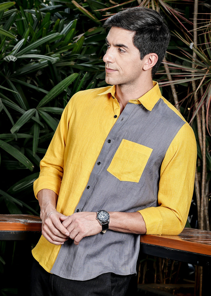 Fleck- Full Sleeve Pure Linen Color Block Shirt - Spicy Mustard & Charcoal