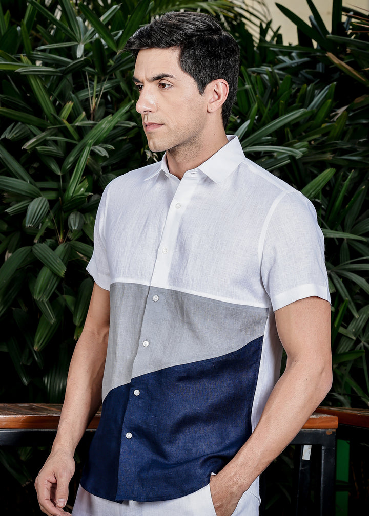 London - Pure Linen Color Block Point Collar Shirt - White, Slate Grey & Navy Blue