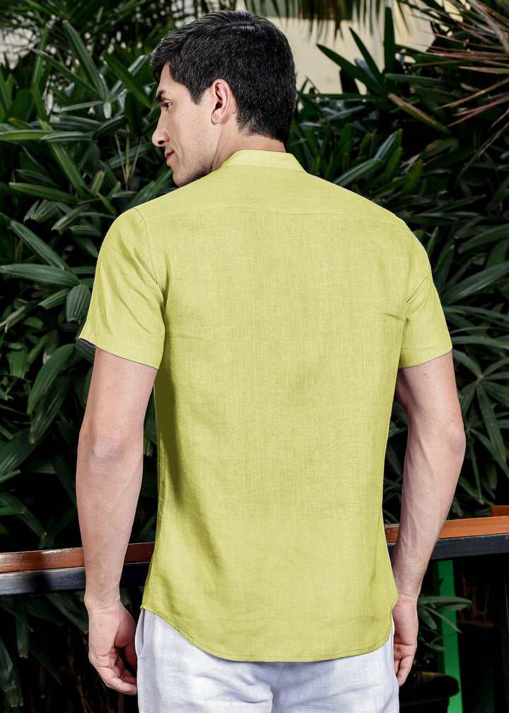 Twain - Pure Linen Band Collar Shirt with Concealed Placket -Lime Green