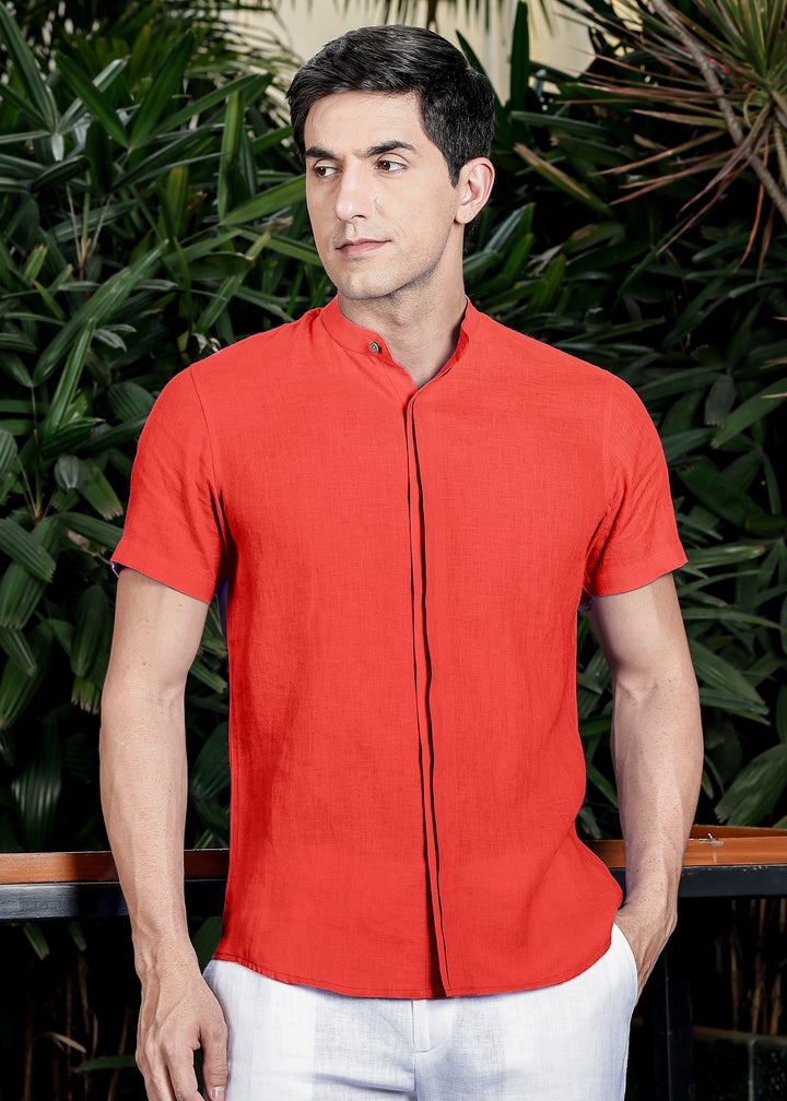 Twain - Pure Linen Band Collar Shirt with Concealed Placket -Dark Coral Peach