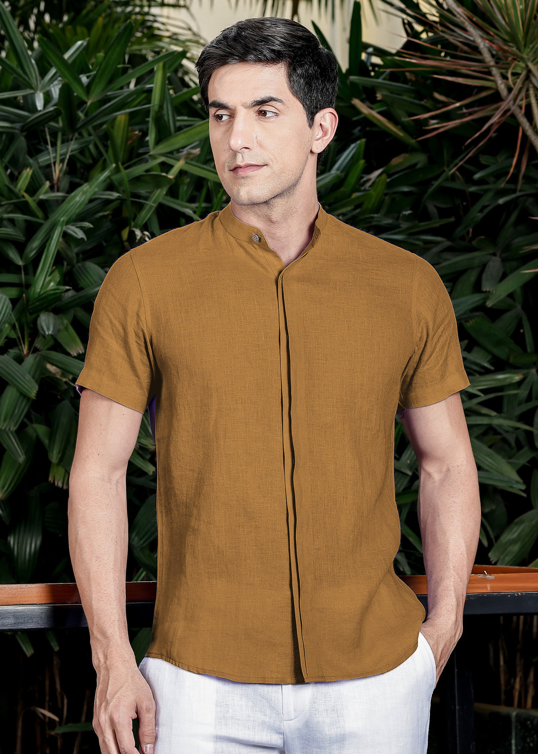 Twain - Pure Linen Band Collar Shirt with Concealed Placket -Mustard Brown