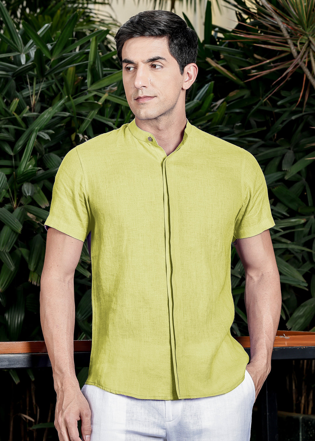 Twain - Pure Linen Band Collar Shirt with Concealed Placket -Lime Green