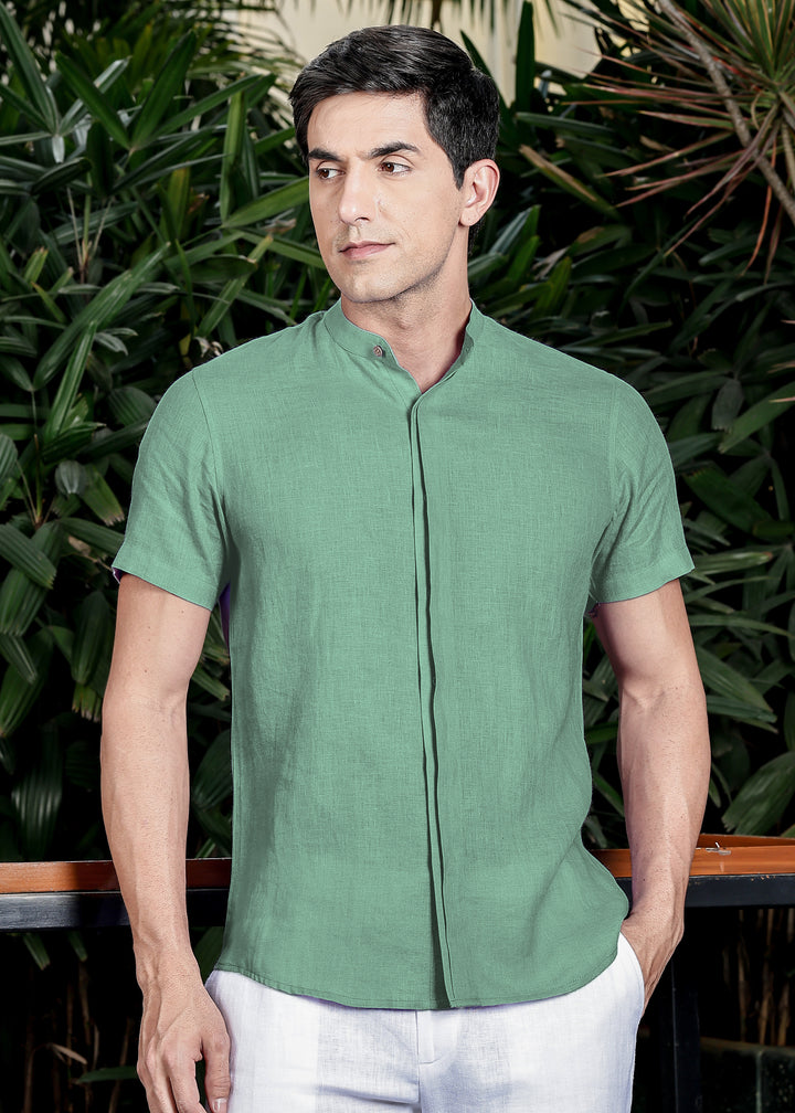 Twain - Pure Linen Band Collar Shirt with Concealed Placket -Spring Green