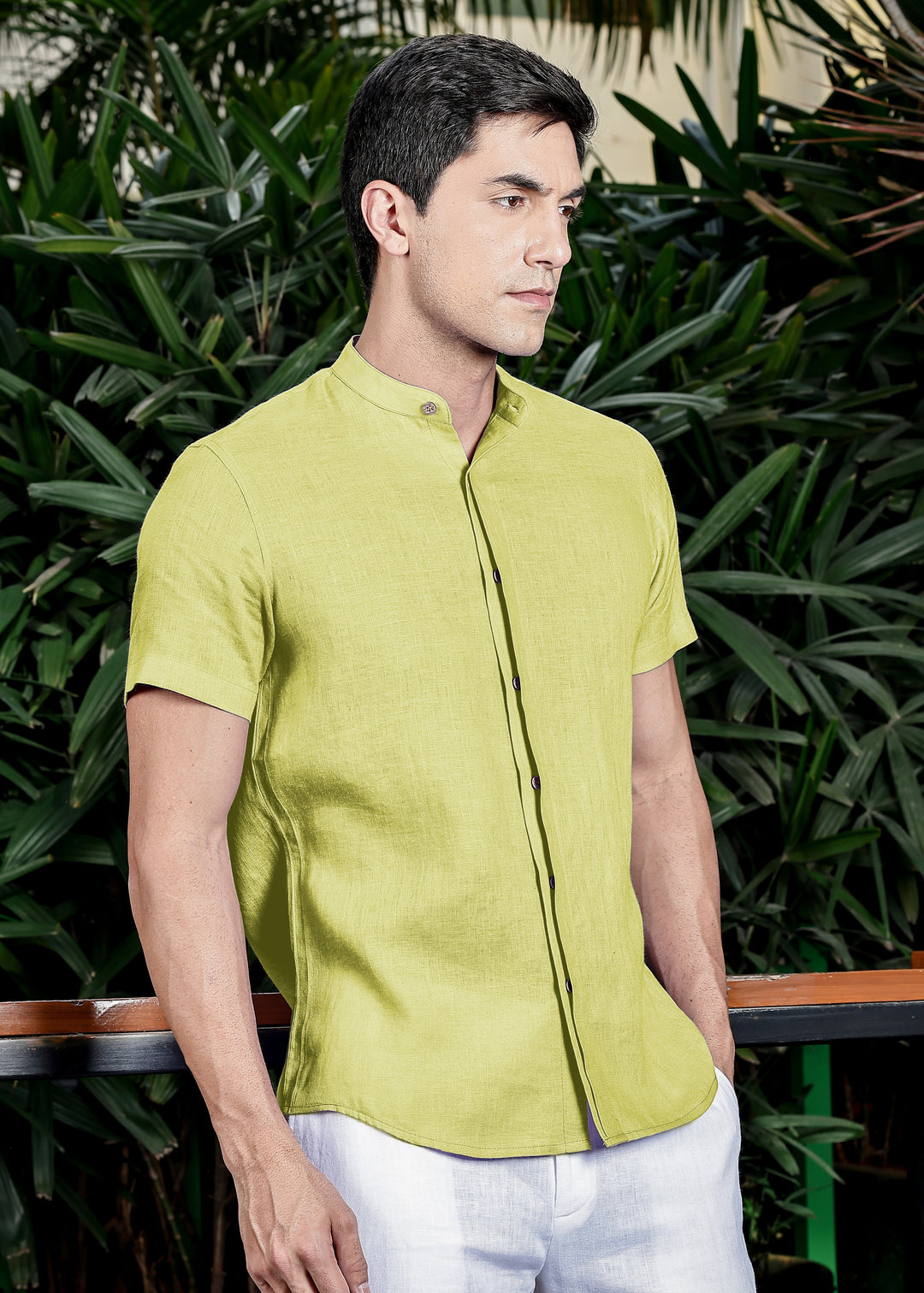 Twain - Pure Linen Band Collar Shirt with Concealed Placket -Lime Green