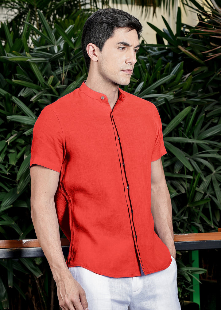 Twain - Pure Linen Band Collar Shirt with Concealed Placket -Dark Coral Peach