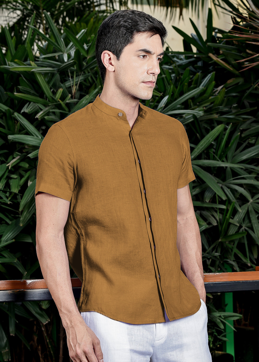 Twain - Pure Linen Band Collar Shirt with Concealed Placket -Mustard Brown