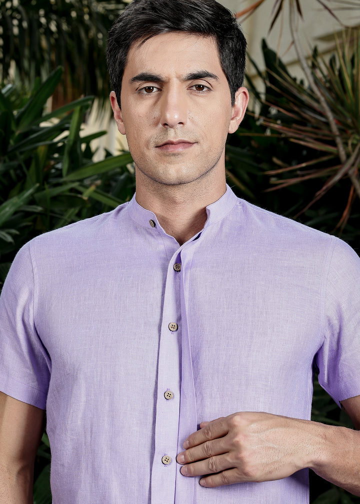 Twain - Pure Linen Band Collar Shirt with Concealed Placket - Lavender