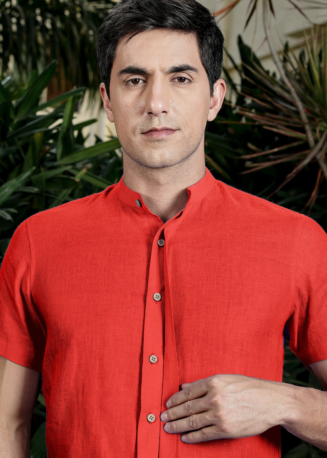 Twain - Pure Linen Band Collar Shirt with Concealed Placket -Dark Coral Peach