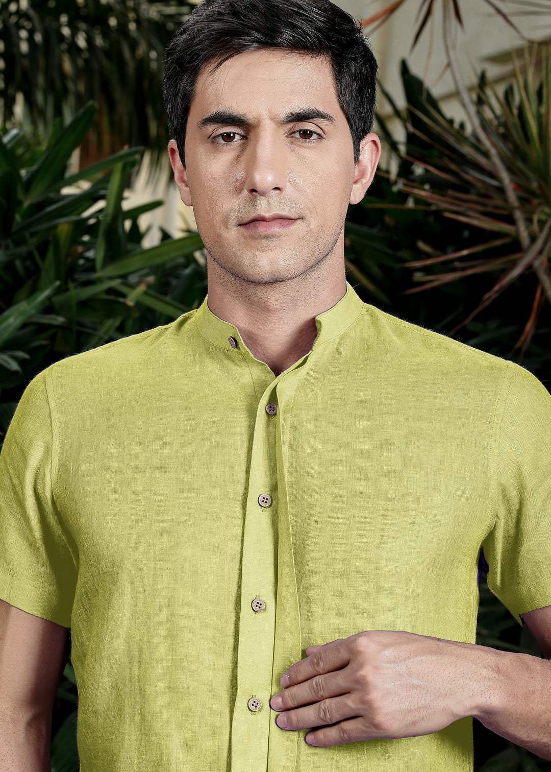 Twain - Pure Linen Band Collar Shirt with Concealed Placket -Lime Green