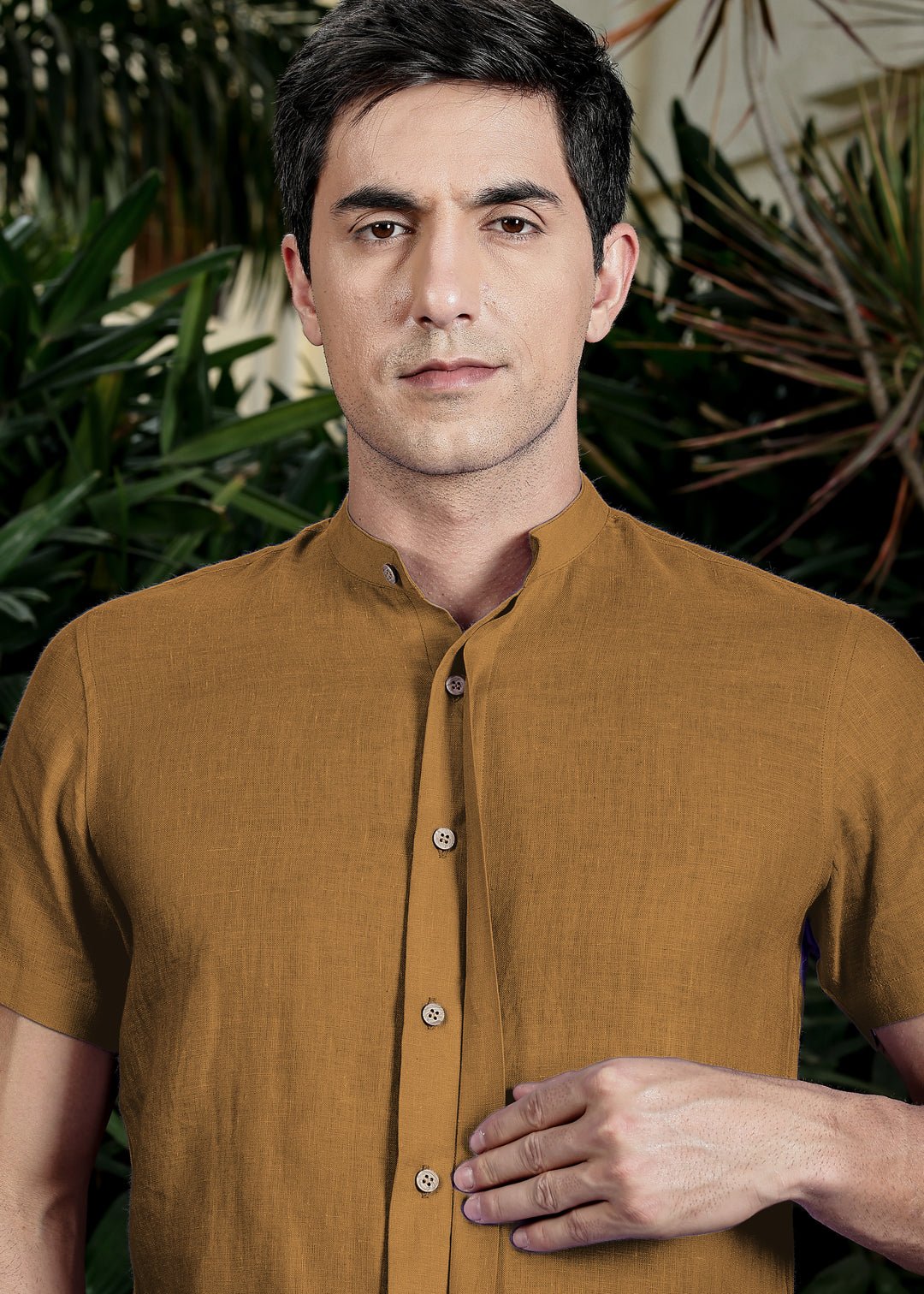 Twain - Pure Linen Band Collar Shirt with Concealed Placket -Mustard Brown