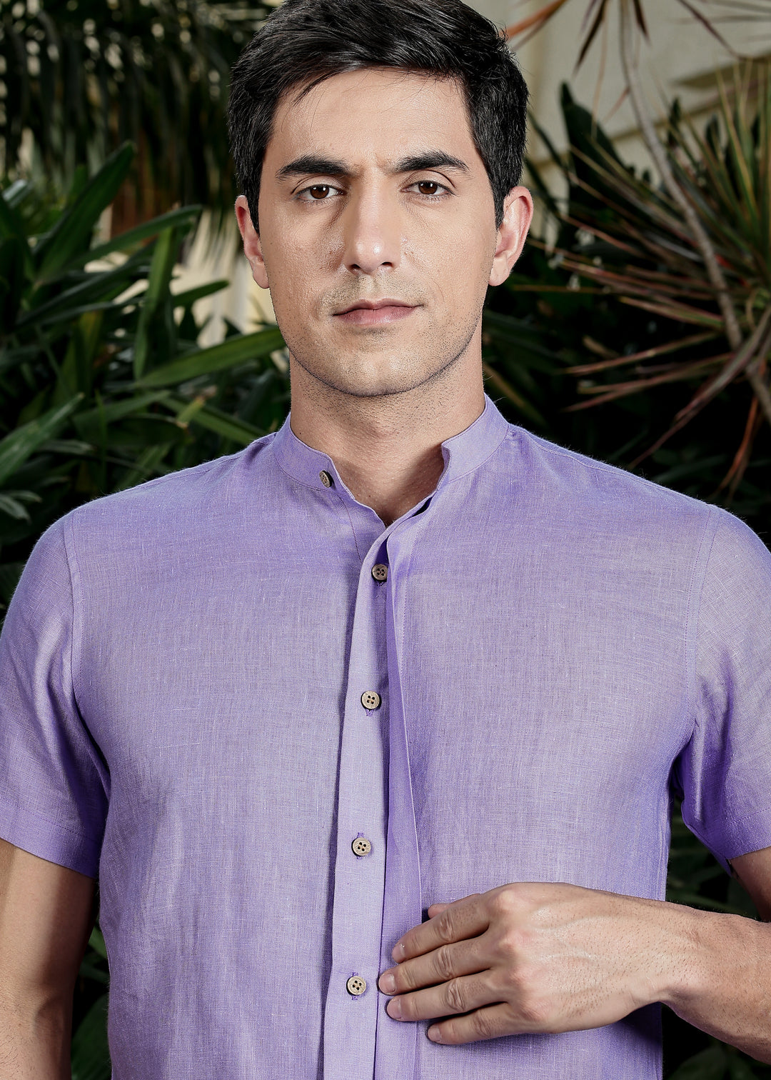 Twain - Pure Linen Band Collar Shirt with Concealed Placket - Lavender