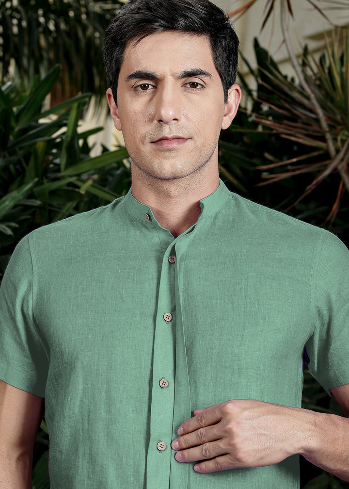 Twain - Pure Linen Band Collar Shirt with Concealed Placket -Spring Green