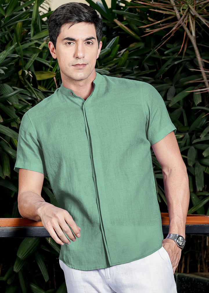 Twain - Pure Linen Band Collar Shirt with Concealed Placket -Spring Green