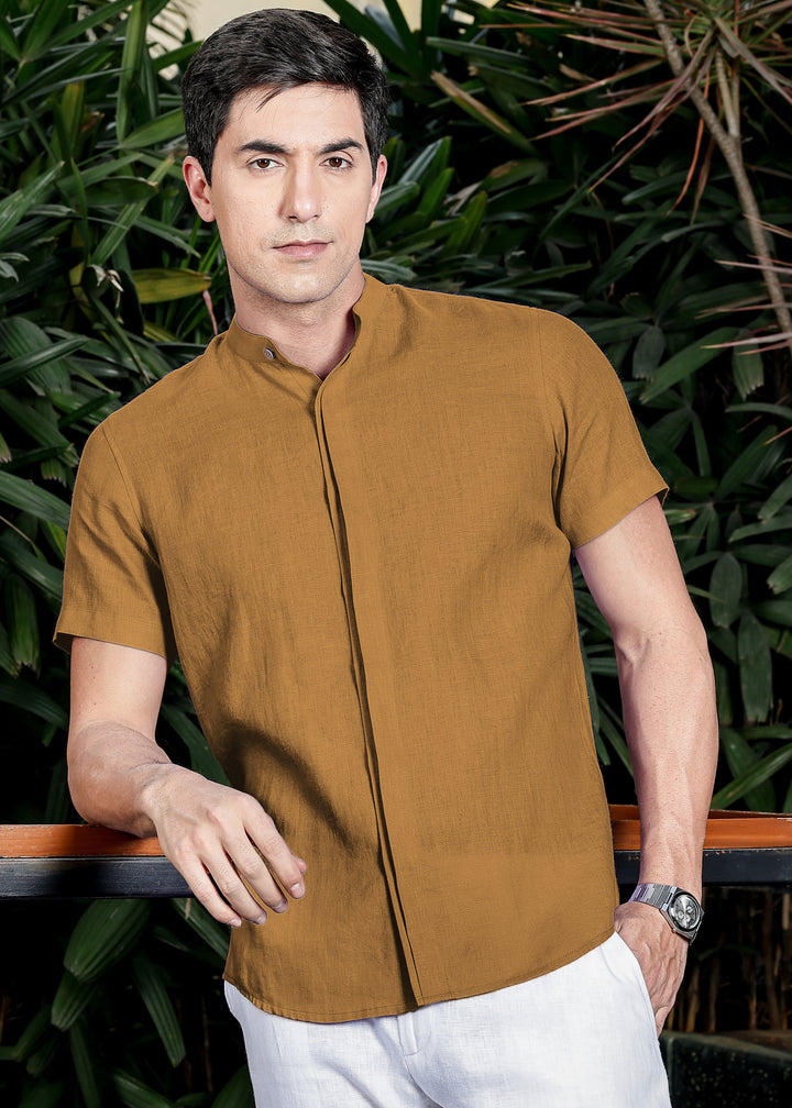 Twain - Pure Linen Band Collar Shirt with Concealed Placket -Mustard Brown