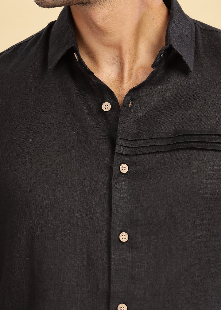 Bale - Pure Linen Full Sleeve Shirt With Stitch Detail - Black