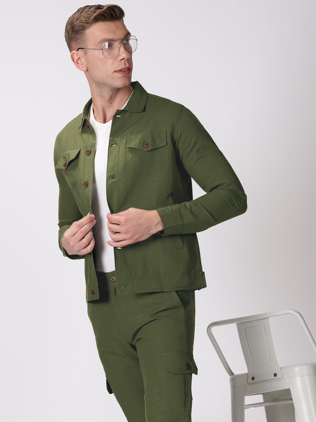 Military Green Linen Jacket & Jogger Co-Ord Set