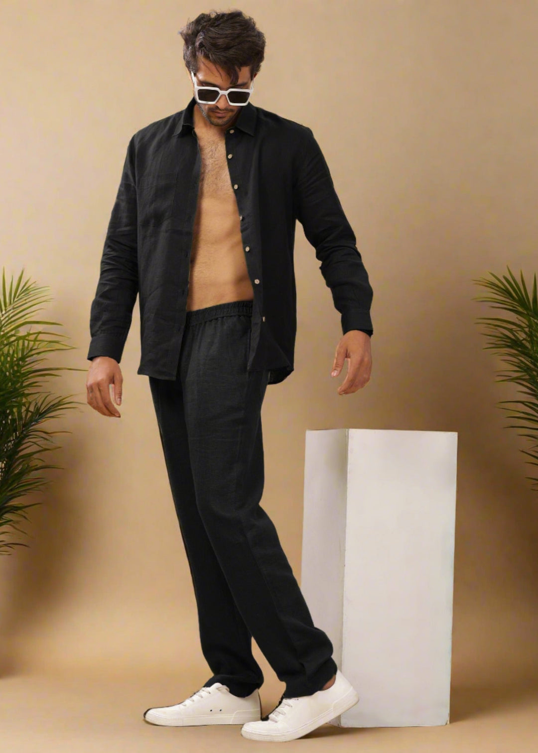 Black Pure Linen Casual Pants for Men Linen Trail Black Pure Linen Casual Pants for Men Linen Trail